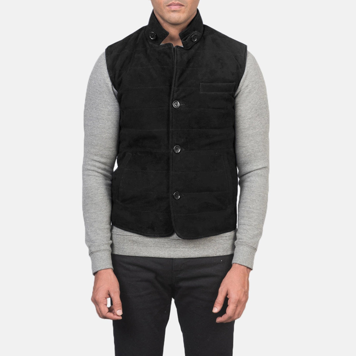 
Vista de detalle of Notch with removable throat latch & Button Hardware on Tony Negro Suede Vest para Hombre