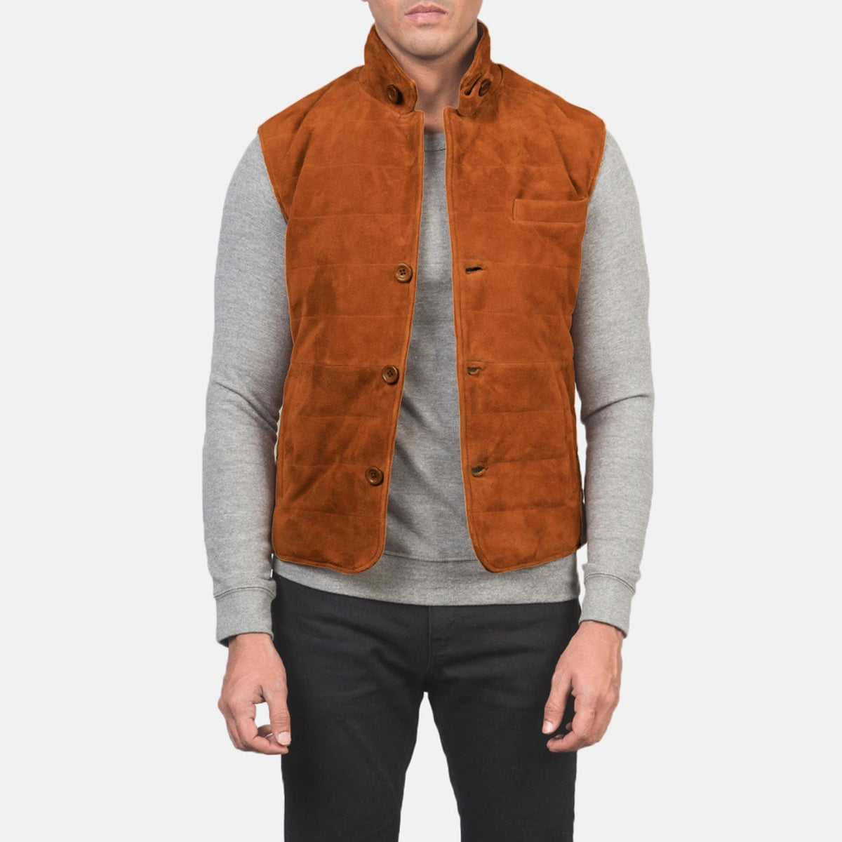 Men's Tony Marrón Suede Vest para Hombre in Brown Goatskin Suede - Vista frontal y silueta a medida | Comprar online