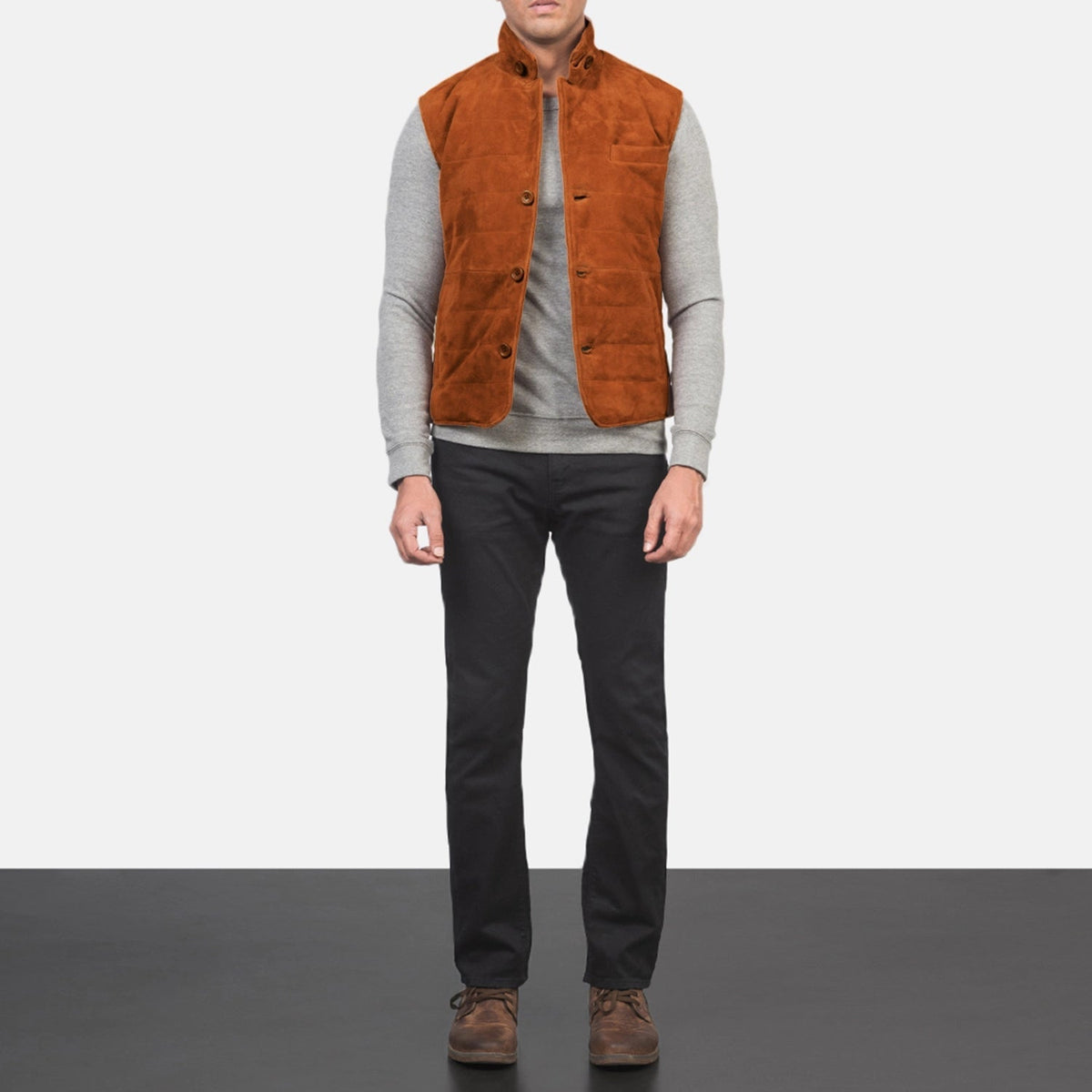 Men's Tony Marrón Suede Vest para Hombre - Vista de perfil lateral con corte ergonómico de manga