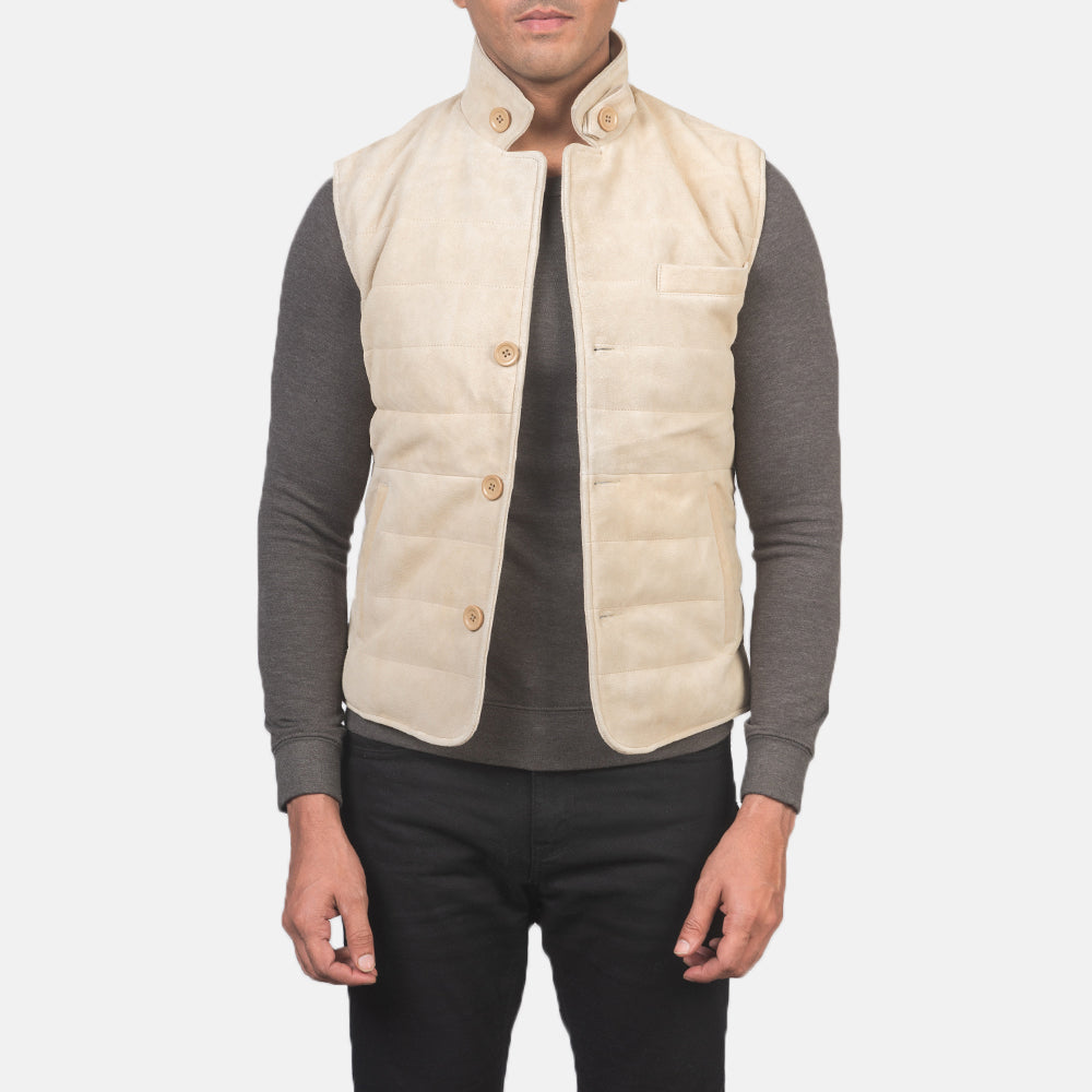 Men's Tony Off-Blanco Suede Vest para Hombre in Off-White Goatskin Suede - Vista frontal y silueta a medida | Comprar online