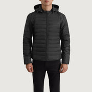 Detalle de cerca of Classic Collar &amp; Zipper Hardware on Tyler Negro Hooded Puffer Chaqueta de Cuero para Hombre