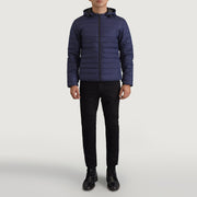Tyler Azul Hooded Puffer Chaqueta de Cuero para Hombre - Vista de perfil lateral con corte ergonómico de manga