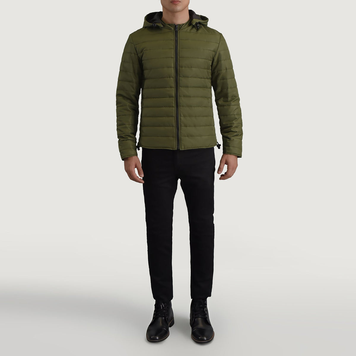 Tyler Verde Hooded Puffer Chaqueta de Cuero para Hombre - Vista de perfil lateral con corte ergonómico de manga
