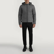 Tyler Gris Hooded Puffer Chaqueta de Cuero para Hombre - Vista de perfil lateral con corte ergonómico de manga