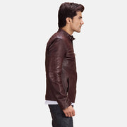 Maroon Sheepskin Leather Biker Jacket - Vista trasera con ajuste entallado en hombros y bajo impecable