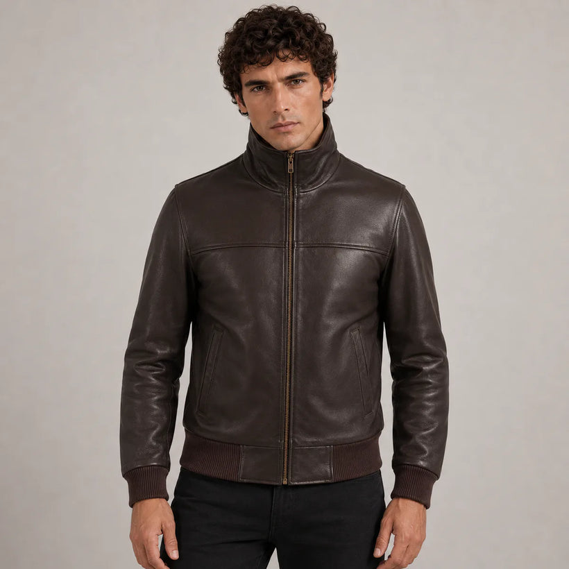 Dark Marrón Sheepskin Cazadora Bomber de Cuero para Hombre