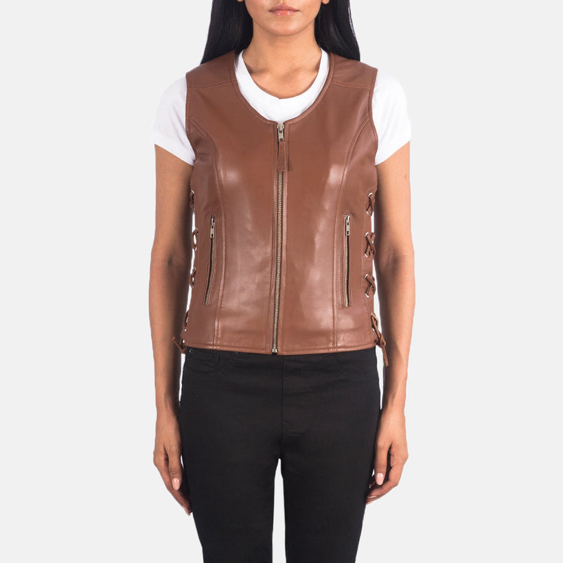 Vanda Marrón Leather Biker Vest para Mujer