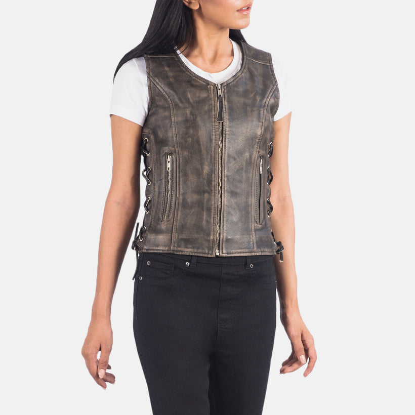 Vanda Efecto Envejecido Marrón Leather Biker Vest para Mujer