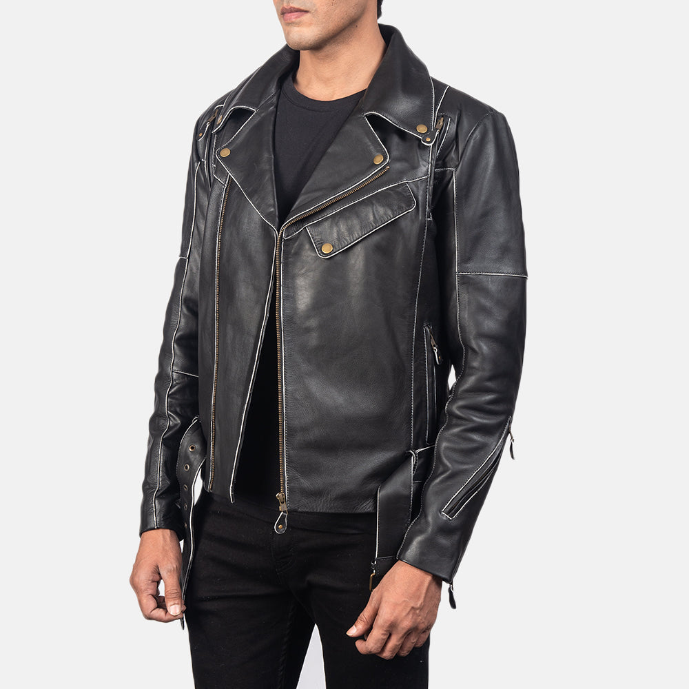 Distressed Vincent Negro Chaqueta Biker de Cuero para Hombre - Vista trasera con ajuste entallado en hombros y bajo impecable