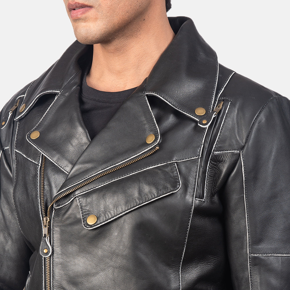 Detalle de cerca of Notch &amp; Zipper Hardware on Men's Vincent Black Leather Biker Jacket