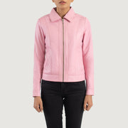 Detalle de cerca of Shirt &amp; Zipper Hardware on Women's Vixen Pink Classic Collar Leather Jacket