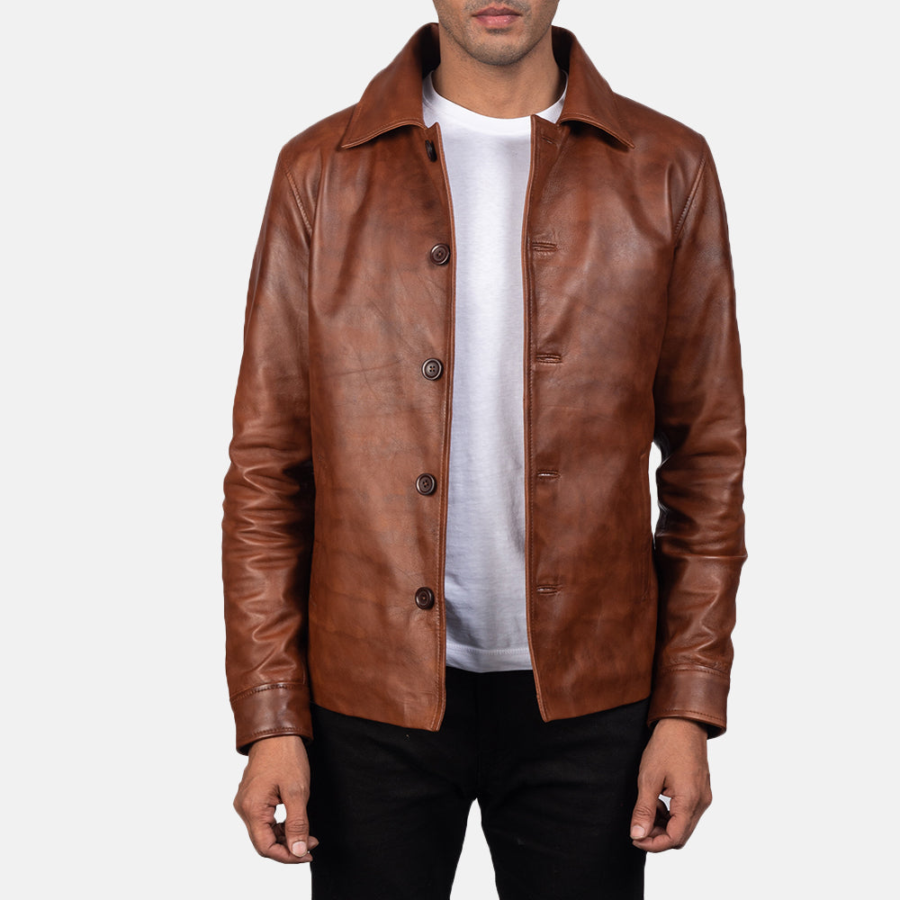 Waffle Marrón Chaqueta de Cuero para Hombre in Distressed Brown Sheepskin Burnishing - Vista frontal y silueta a medida | Comprar online