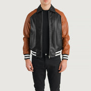 Walton Blue Leather Varsity Jacket in Blue Sheepskin Leather - Vista frontal y silueta a medida | Comprar online