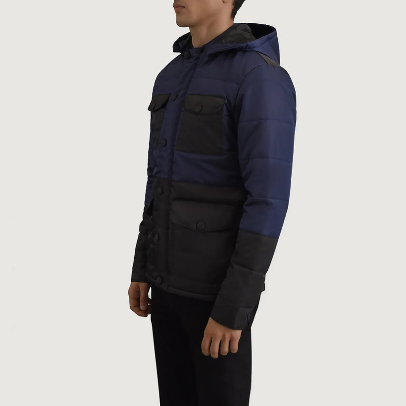 Wayne Negro & Azul Hooded Puffer Chaqueta de Cuero para Hombre