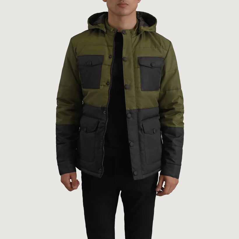 Wayne Negro & Verde Hooded Puffer Chaqueta de Cuero para Hombre
