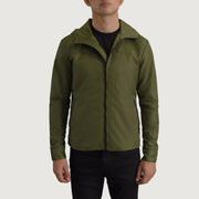 
Vista de detalle of Classic Collar & Zipper With Inside Wind Flap. Hardware on Wesley Verde Hooded Windbreaker Chaqueta de Cuero para Hombre