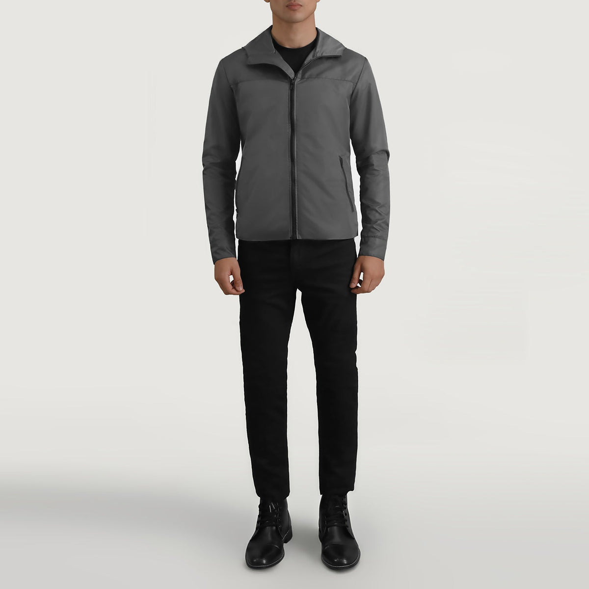 
Wesley Gris Hooded Windbreaker Chaqueta de Cuero para Hombre - Vista lateral mostrando el corte ergonómico de mangas