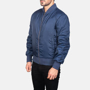 Blue Nylon Bomber Jacket - Vista trasera con ajuste entallado en hombros y bajo impecable