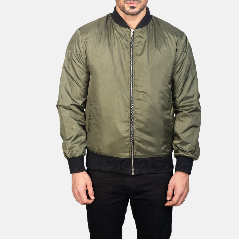 
Vista de detalle of Varsity & Zipper Hardware on Zack Verde Chaqueta Bomber de Cuero para Hombre