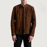 Zen Marrón Suede Chaqueta Biker de Cuero para Hombre in Brown Goatskin Suede - Vista frontal y silueta a medida | Comprar online
