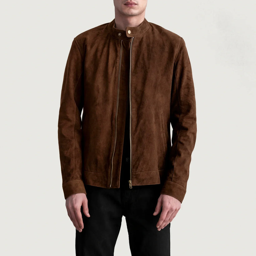 Zen Marrón Suede Chaqueta Biker de Cuero para Hombre