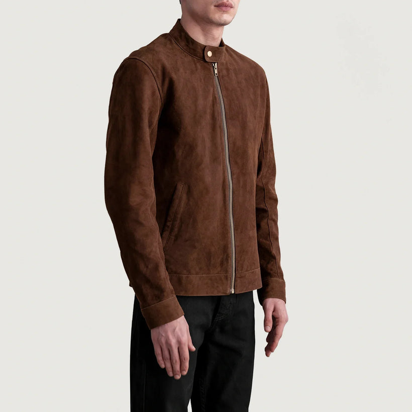 Zen Marrón Suede Chaqueta Biker de Cuero para Hombre