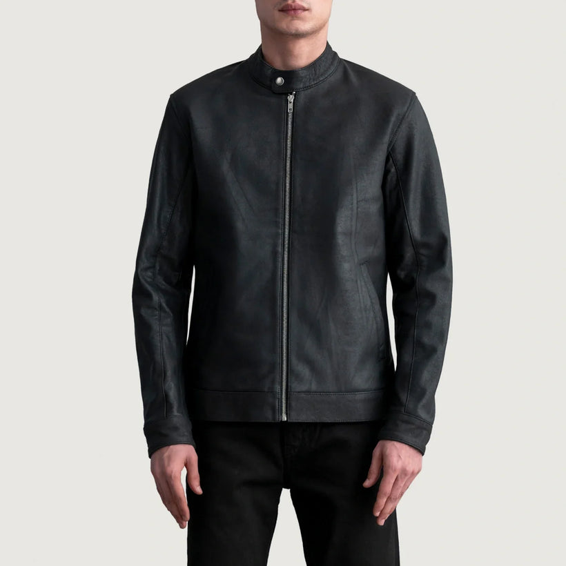 Zen Tumbled Negro Chaqueta Biker de Cuero para Hombre